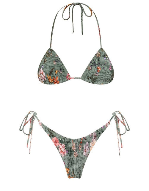 Modefest- Brasilianischer Tanga-String-Bikini | Push-up-Bikini | Damen Badeanzug | Strandanzug | Strandbekleidung Bikini | Micro-Bikini | Beachwear-Badeanzug Grün