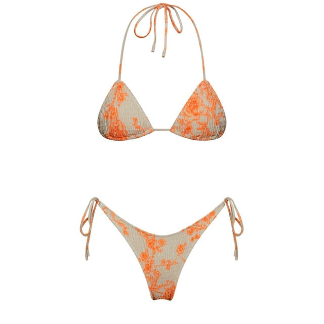Modefest- Brasilianischer Tanga-String-Bikini | Push-up-Bikini | Damen Badeanzug | Strandanzug | Strandbekleidung Bikini | Micro-Bikini | Beachwear-Badeanzug Orange-Weiß