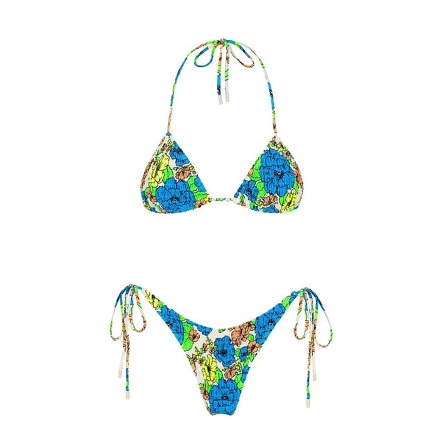 Modefest- Brasilianischer Tanga-String-Bikini | Push-up-Bikini | Damen Badeanzug | Strandanzug | Strandbekleidung Bikini | Micro-Bikini | Beachwear-Badeanzug Blaue gelbe Blume