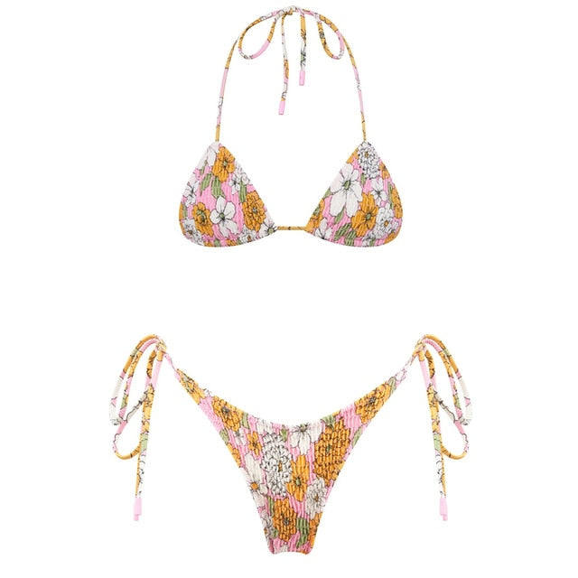 Modefest- Brasilianischer Tanga-String-Bikini | Push-up-Bikini | Damen Badeanzug | Strandanzug | Strandbekleidung Bikini | Micro-Bikini | Beachwear-Badeanzug Blumen