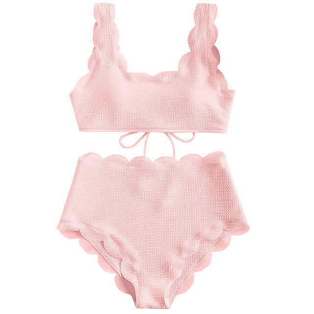 Modefest- Frauen-Bikini-Set mit überbackener Struktur und hoher Taille, solide, zweiteilig, Push-Up-Strand-Badeanzüge, Badebekleidung, Spitze, Biquinis-Badeanzüge rosa