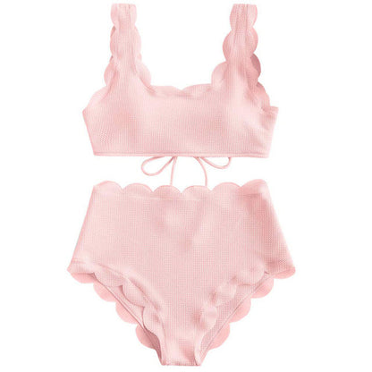 Modefest- Frauen-Bikini-Set mit überbackener Struktur und hoher Taille, solide, zweiteilig, Push-Up-Strand-Badeanzüge, Badebekleidung, Spitze, Biquinis-Badeanzüge rosa