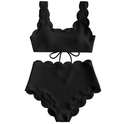 Modefest- Frauen-Bikini-Set mit überbackener Struktur und hoher Taille, solide, zweiteilig, Push-Up-Strand-Badeanzüge, Badebekleidung, Spitze, Biquinis-Badeanzüge Schwarz