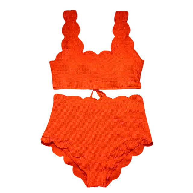 Modefest- Frauen-Bikini-Set mit überbackener Struktur und hoher Taille, solide, zweiteilig, Push-Up-Strand-Badeanzüge, Badebekleidung, Spitze, Biquinis-Badeanzüge orange