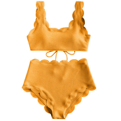 Modefest- Frauen-Bikini-Set mit überbackener Struktur und hoher Taille, solide, zweiteilig, Push-Up-Strand-Badeanzüge, Badebekleidung, Spitze, Biquinis-Badeanzüge Senf