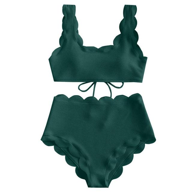 Modefest- Frauen-Bikini-Set mit überbackener Struktur und hoher Taille, solide, zweiteilig, Push-Up-Strand-Badeanzüge, Badebekleidung, Spitze, Biquinis-Badeanzüge dunkelgrün