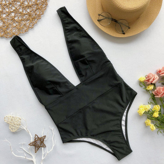 Modefest- Sexy Bademode Damen Sommer Badeanzug mit tiefem V-Ausschnitt Bikini rückenfrei Monokini Strand Badeanzug reine Farbe Schwarz