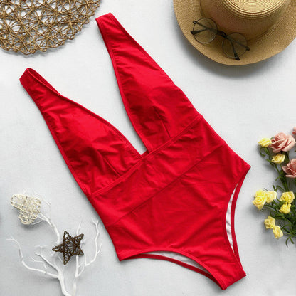 Modefest- Sexy Bademode Damen Sommer Badeanzug mit tiefem V-Ausschnitt Bikini rückenfrei Monokini Strand Badeanzug reine Farbe Rot