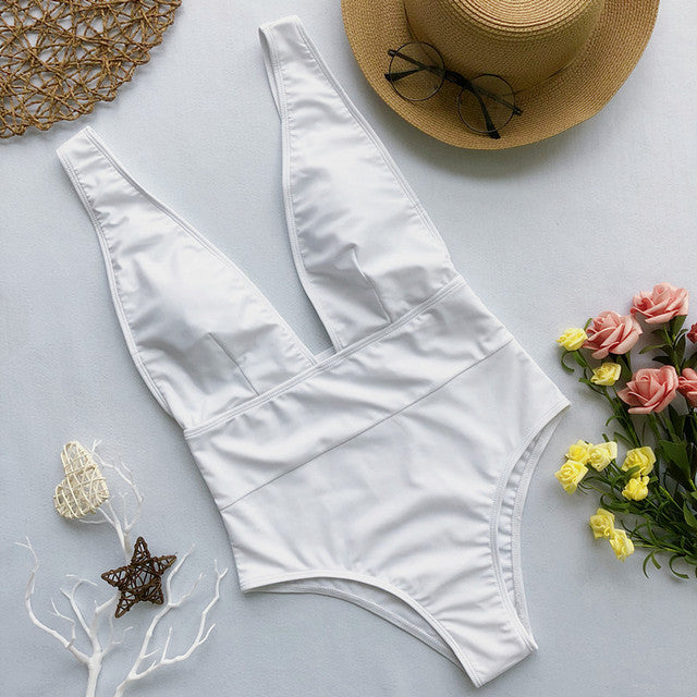 Modefest- Sexy Bademode Damen Sommer Badeanzug mit tiefem V-Ausschnitt Bikini rückenfrei Monokini Strand Badeanzug reine Farbe Weiß