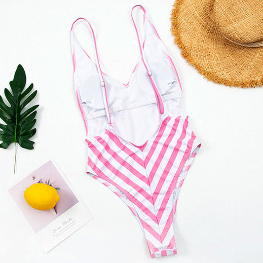 Modefest- Sexy rückenfreie gestreifte Damen-Badebekleidung, einteiliger Badeanzug, weiblicher Monokini, hoch geschnittener Trikini-Badeanzug mit V-Ausschnitt, Schwimmbodysuit B204Rosa