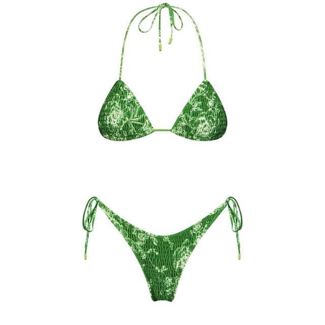 Modefest- Brasilianischer Tanga-String-Bikini | Push-up-Bikini | Damen Badeanzug | Strandanzug | Strandbekleidung Bikini | Micro-Bikini | Beachwear-Badeanzug Dunkelgrüne Blume