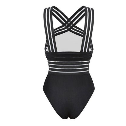 Modefest- Frauen-Bikini-Bodysuit-reizvoller Damen-gestreifter Verband-rückenfreier Push-Up-Badebekleidungs-Badeanzug-Strand-Dreieck-Badeanzug