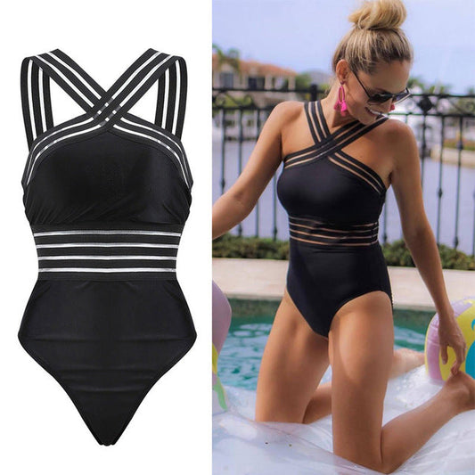 Modefest- Frauen-Bikini-Bodysuit-reizvoller Damen-gestreifter Verband-rückenfreier Push-Up-Badebekleidungs-Badeanzug-Strand-Dreieck-Badeanzug A