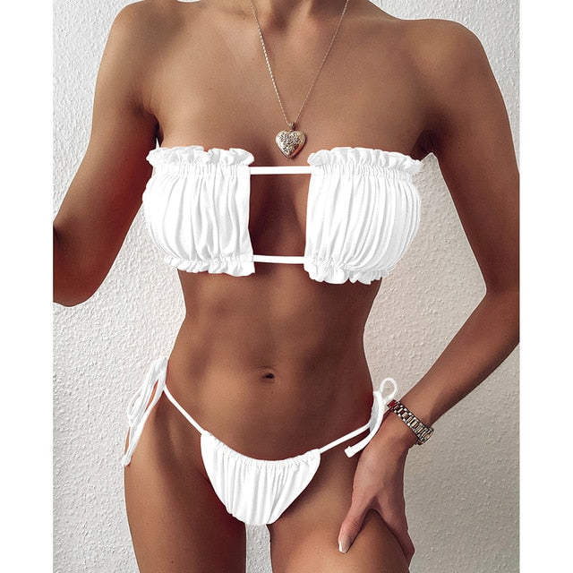 Modefest- Trägerloser Bandeau-Bikini-Badeanzug | Mini-Tanga-Bikini-Set | Push-Up-Bikini | Frauen-Strand-Bikini | Strandbekleidung Bikini | Beachwear-Badeanzug Weiß