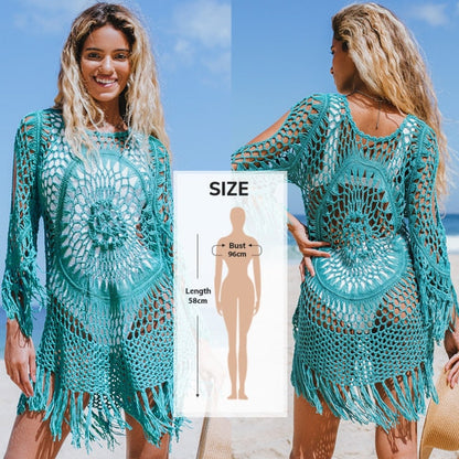 Modefest- Gehäkeltes Bikini-Cover-Up-Kleid | Badeanzug Strandkleid | Badeanzug vertuschen | Frauen-Bikini-Hülle | Strandbekleidung Anzug | Hohl Tunika Strandkleid FSS9032LBF Einheitsgröße