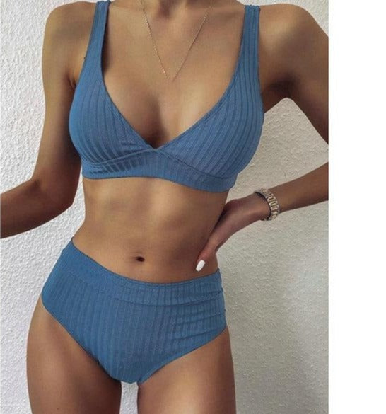 Modefest- Bikini-Set mit V-Ausschnitt | Gerippte Badeanzüge | Bademode mit hoher Taille | Push-Up-Bikini | Frauen-Strand-Bikini | Strandbekleidung Bikini | Gehäkelter Bikini Blau