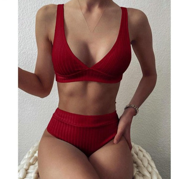 Modefest- Bikini-Set mit V-Ausschnitt | Gerippte Badeanzüge | Bademode mit hoher Taille | Push-Up-Bikini | Frauen-Strand-Bikini | Strandbekleidung Bikini | Gehäkelter Bikini Weinrot