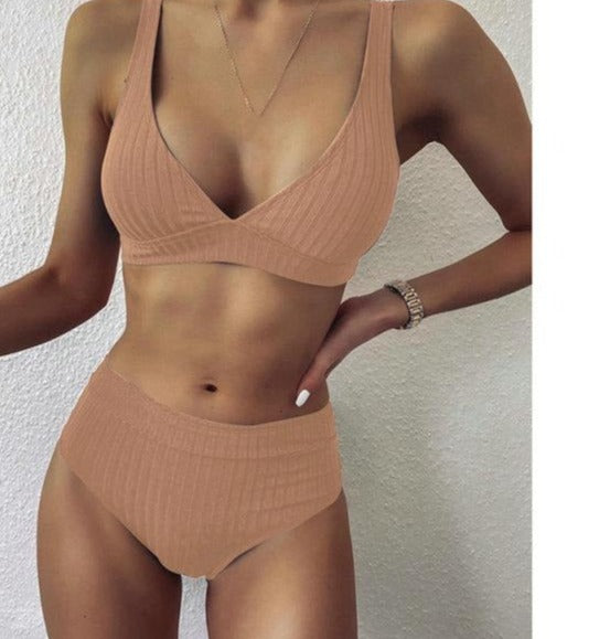 Modefest- Bikini-Set mit V-Ausschnitt | Gerippte Badeanzüge | Bademode mit hoher Taille | Push-Up-Bikini | Frauen-Strand-Bikini | Strandbekleidung Bikini | Gehäkelter Bikini Khaki