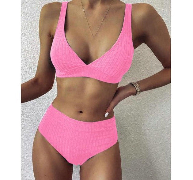 Modefest- Bikini-Set mit V-Ausschnitt | Gerippte Badeanzüge | Bademode mit hoher Taille | Push-Up-Bikini | Frauen-Strand-Bikini | Strandbekleidung Bikini | Gehäkelter Bikini Rosa