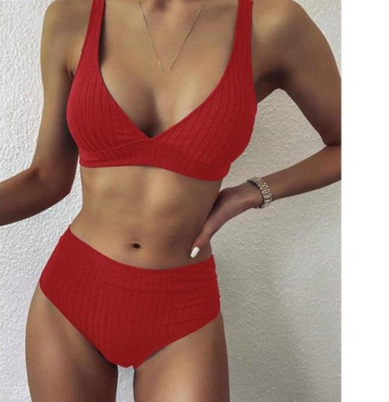 Modefest- Bikini-Set mit V-Ausschnitt | Gerippte Badeanzüge | Bademode mit hoher Taille | Push-Up-Bikini | Frauen-Strand-Bikini | Strandbekleidung Bikini | Gehäkelter Bikini Rot