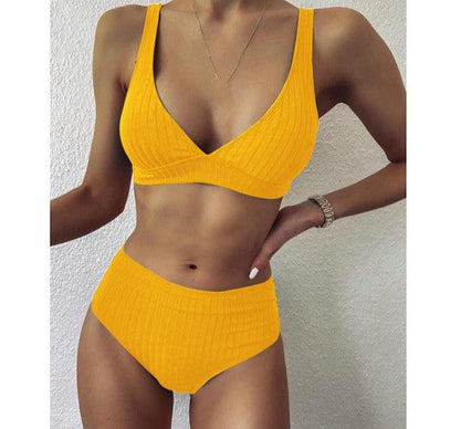 Modefest- Bikini-Set mit V-Ausschnitt | Gerippte Badeanzüge | Bademode mit hoher Taille | Push-Up-Bikini | Frauen-Strand-Bikini | Strandbekleidung Bikini | Gehäkelter Bikini Gelb