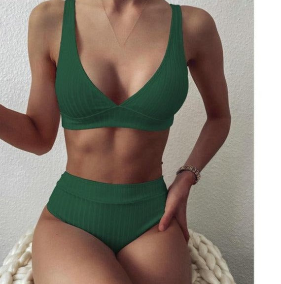 Modefest- Bikini-Set mit V-Ausschnitt | Gerippte Badeanzüge | Bademode mit hoher Taille | Push-Up-Bikini | Frauen-Strand-Bikini | Strandbekleidung Bikini | Gehäkelter Bikini Armeegrün