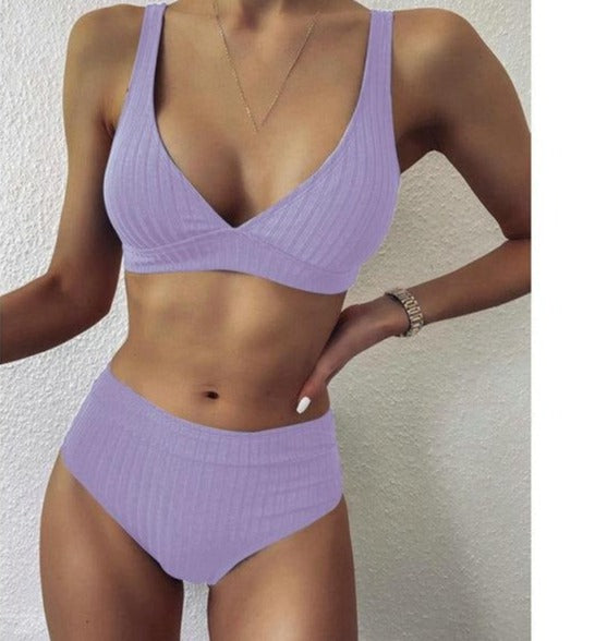 Modefest- Bikini-Set mit V-Ausschnitt | Gerippte Badeanzüge | Bademode mit hoher Taille | Push-Up-Bikini | Frauen-Strand-Bikini | Strandbekleidung Bikini | Gehäkelter Bikini Lavendel