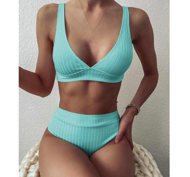 Modefest- Bikini-Set mit V-Ausschnitt | Gerippte Badeanzüge | Bademode mit hoher Taille | Push-Up-Bikini | Frauen-Strand-Bikini | Strandbekleidung Bikini | Gehäkelter Bikini Hellgrün