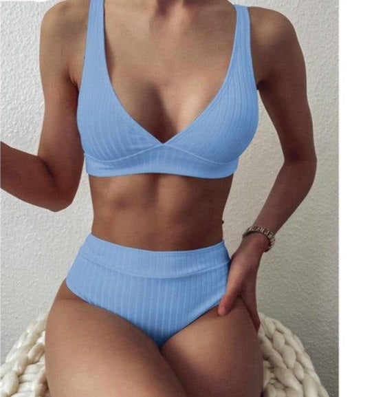 Modefest- Bikini-Set mit V-Ausschnitt | Gerippte Badeanzüge | Bademode mit hoher Taille | Push-Up-Bikini | Frauen-Strand-Bikini | Strandbekleidung Bikini | Gehäkelter Bikini Hellblau