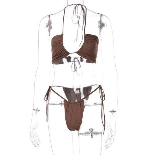 Modefest- Brauner String-Bikini, 2-teiliges Set, Damen, sexy Strand-Outfit, Badeanzug, freie Größe Default Title