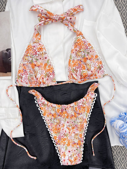 Modefest- Sexy Blumendruck-Bikini-Frauen-Badeanzug Lacework-Badebekleidung Neue Mikro-Badeanzüge mit niedriger Taille Halter Biquini Beachwear-Set