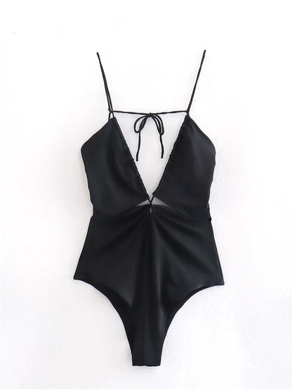 Modefest- Sexy schwarzer Bodysuit mit tiefem V-Ausschnitt, Neckholder, einteiliger, figurbetonter, dünner, ärmelloser Bodysuit