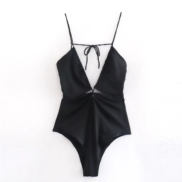 Modefest- Sexy schwarzer Bodysuit mit tiefem V-Ausschnitt, Neckholder, einteiliger, figurbetonter, dünner, ärmelloser Bodysuit Schwarz