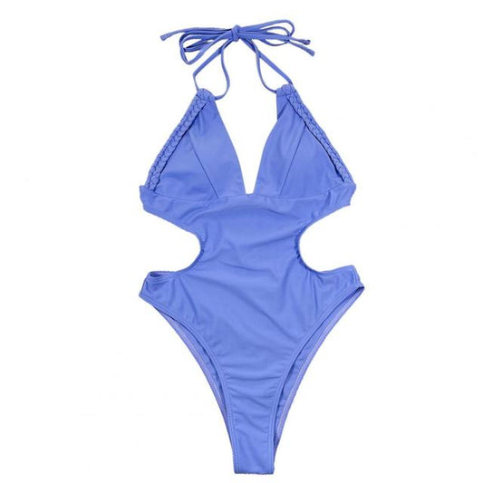 Modefest- Einteiliger Badeanzug Damen Bademode Sexy Bikini Set Volltonfarbe Tiefer V-Ausschnitt Lace Up Einteiliger Damen Badeanzug Beachwear Blau