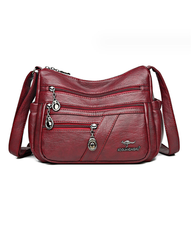 Modefest- Multi-pocket soft leather crossbody bag Rot