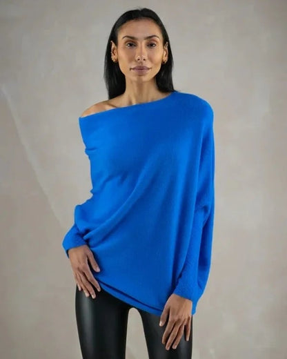 Modefest- Asymmetrisch drapierter Pullover Freie Größe - Länge: 75cm Brustumfang: 160cm Blau