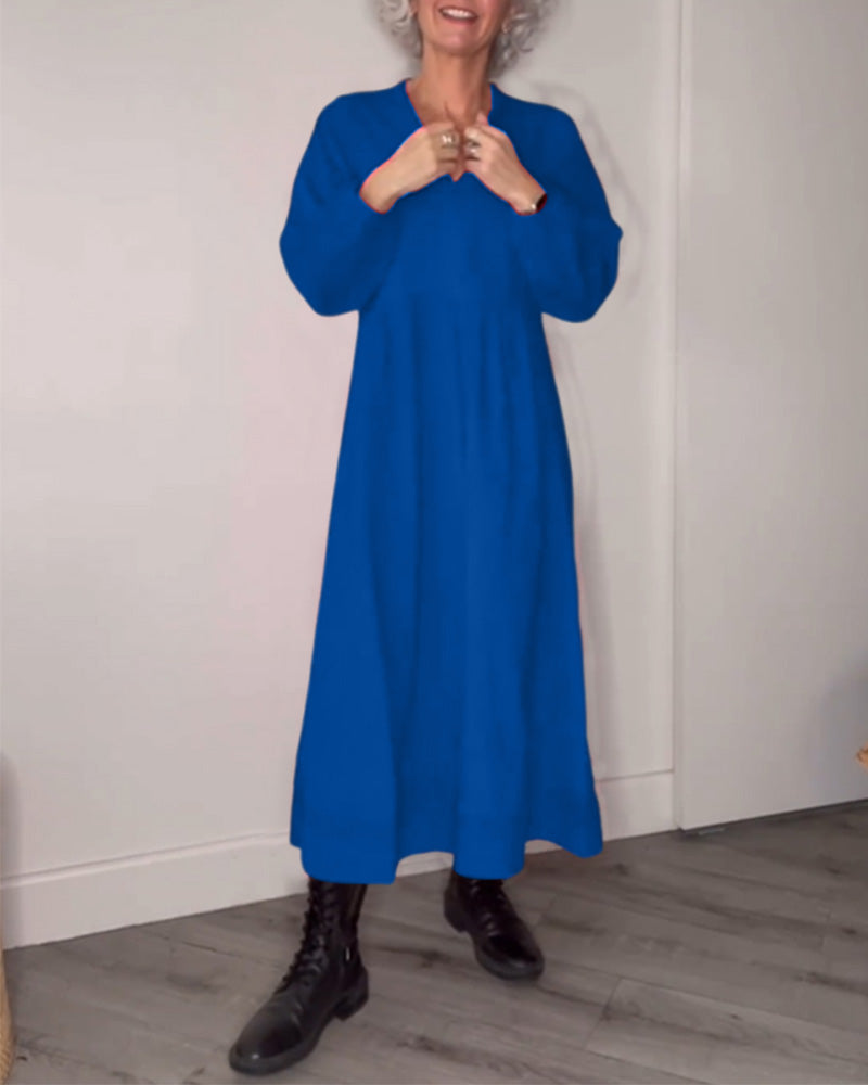 Modefest- Elegantes Kleid mit V-Ausschnitt und langen Ärmeln1 Blau