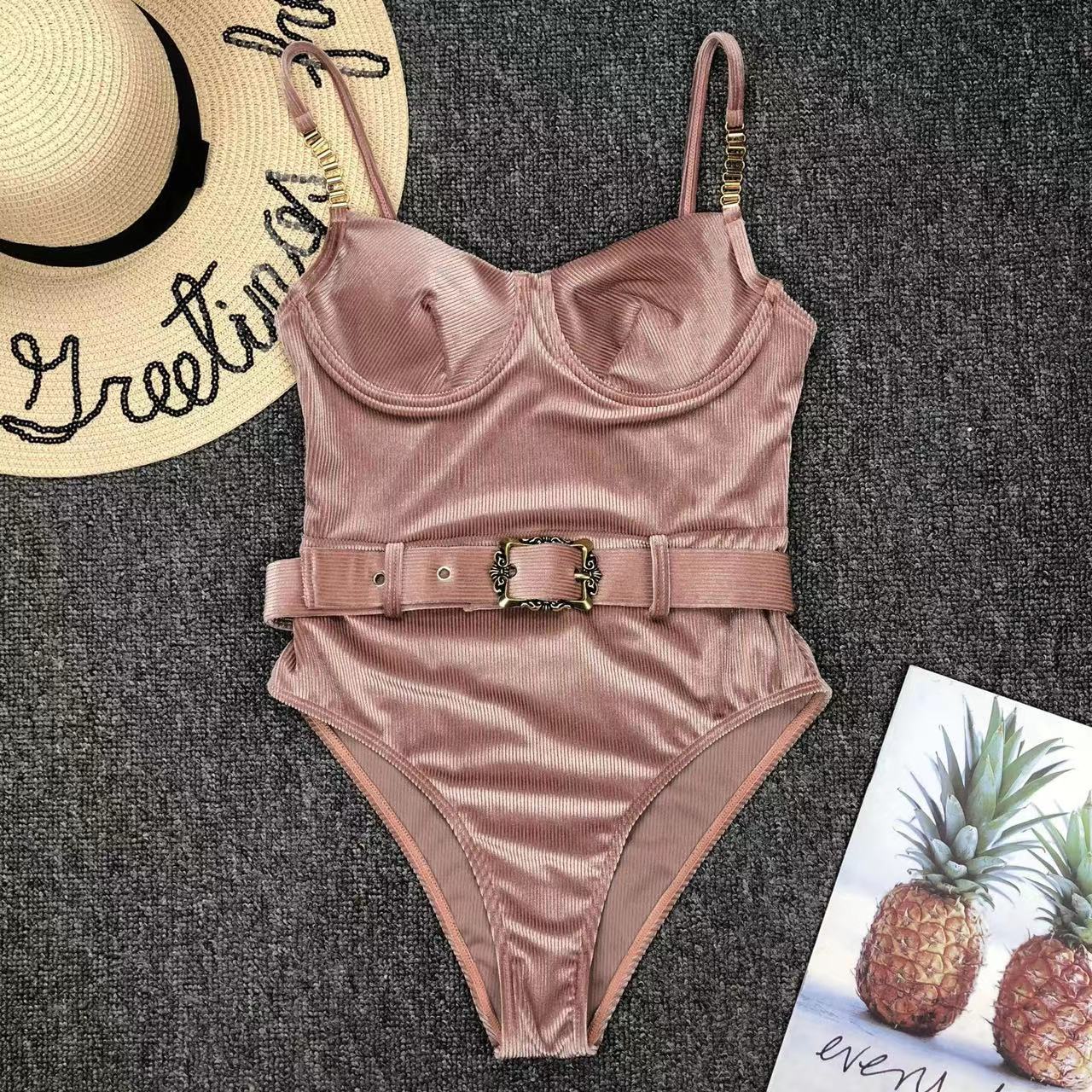 Modefest- Sexy Samt Einteiliger Schwarzer Bikini Gürtel Badeanzug Frauen Solide