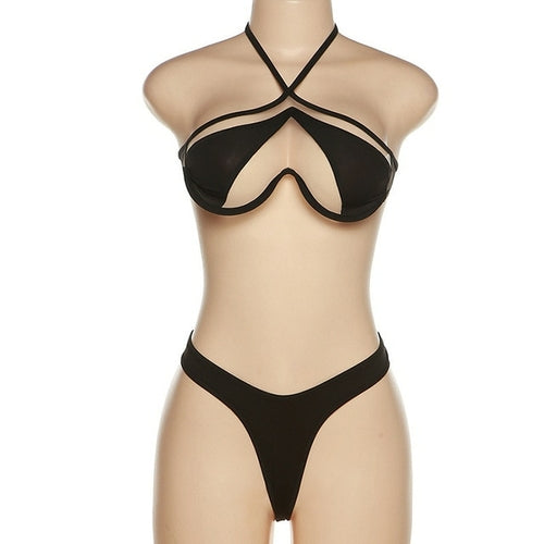 Modefest- Frühling Sommer Frauen Sexy Halter Mesh Bikini Sets Solid Black