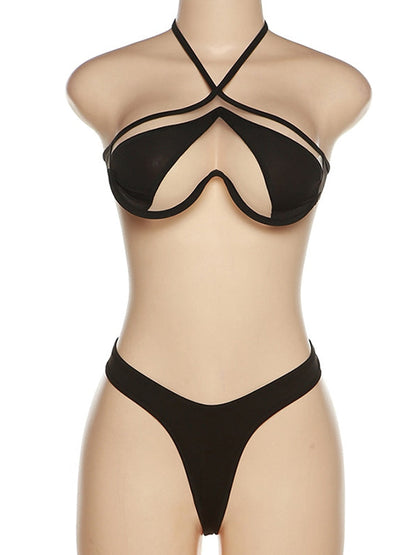 Modefest- Frühling Sommer Frauen Sexy Halter Mesh Bikini Sets Solid Black