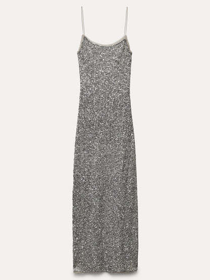 Modefest- Pailletten-Slip-Rundhals-Kleid Silber