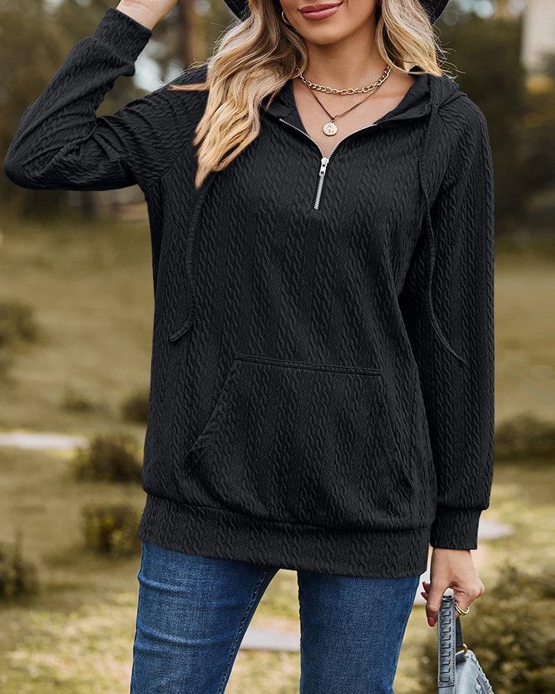 Modefest- Stylisches Langarm-Sweatshirt mit Reißverschluss in Einzelfarbe für lässige Eleganz Schwarz