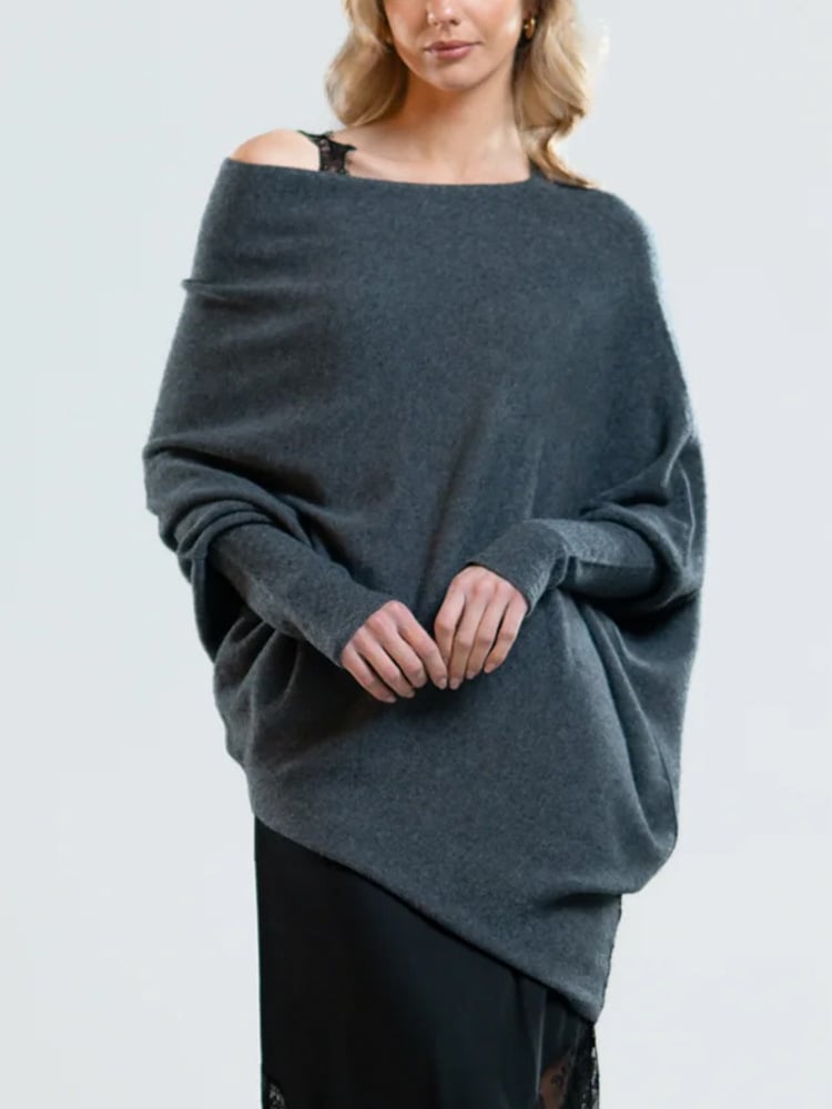 Modefest- Asymmetrisch drapierter Pullover Freie Größe - Länge: 75cm Brustumfang: 160cm Dunkelgrau