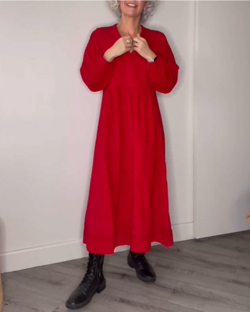 Modefest- Elegantes Kleid mit V-Ausschnitt und langen Ärmeln1 Rot