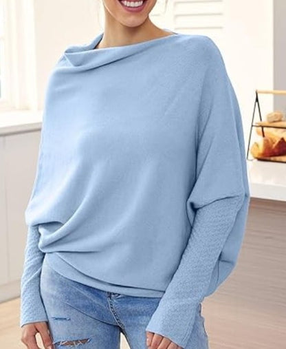 Modefest- Asymmetrisch drapierter Pullover Freie Größe - Länge: 75cm Brustumfang: 160cm Hellblau
