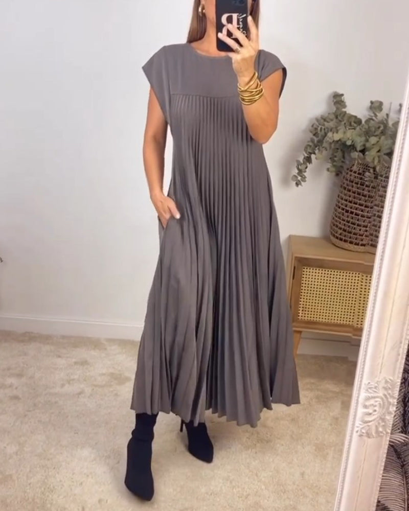 Modefest- Ärmelloses schlichtes einfarbiges Kleid mit Falten Grau