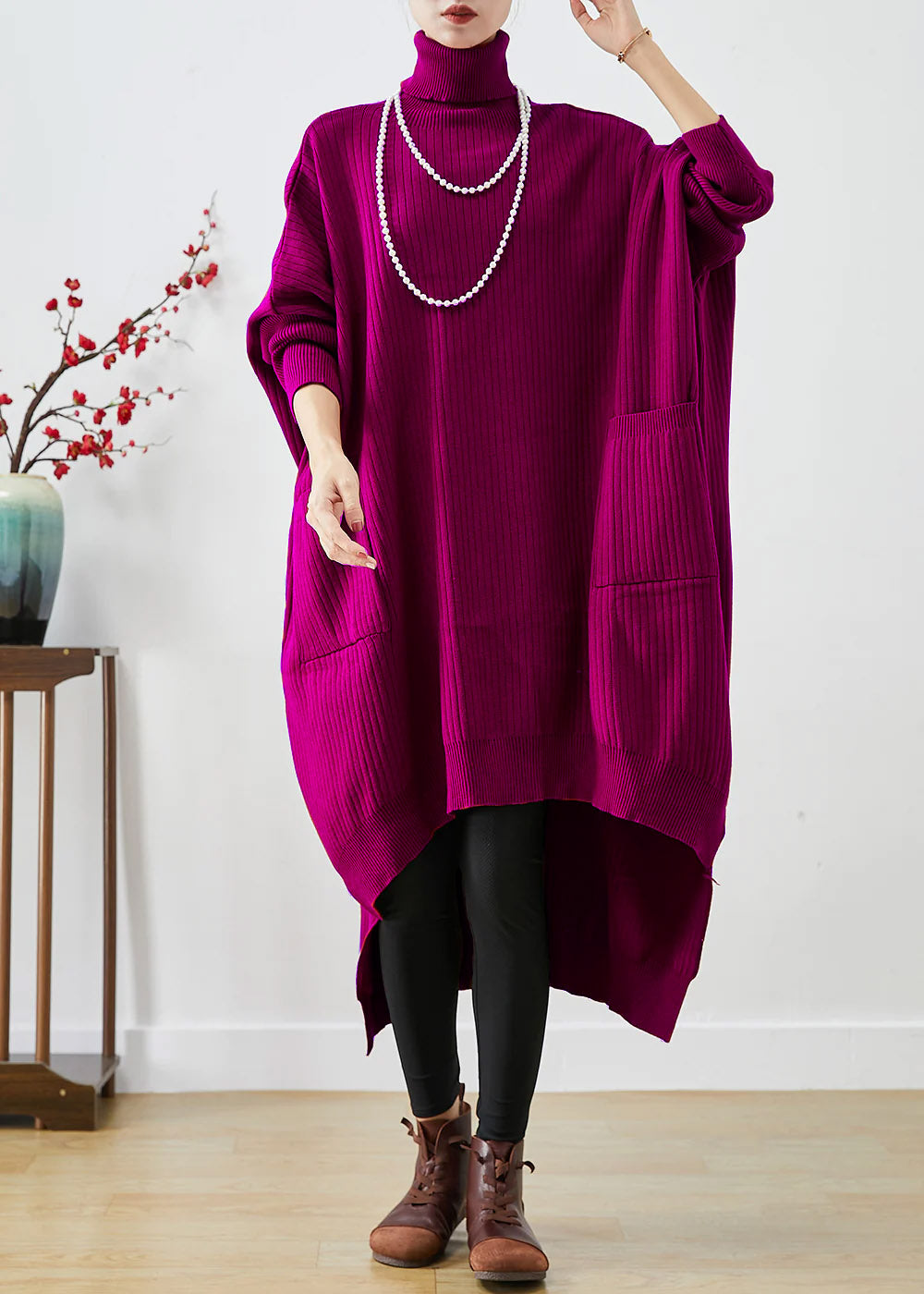 Modefest- Rot Übergroßer Strickpullover Kleid mit asymmetrischem Fledermaushals