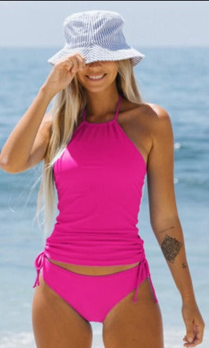 Modefest- Solides Tankini-Set mit Neckholder und Kordelzug für Damen, süßes Mädchen Kastanienbraun