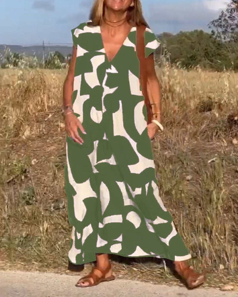 Modefest- Stilvolles Maxi A-Linie Kleid mit Druckmuster und V-Ausschnitt für den Frühling und Sommer