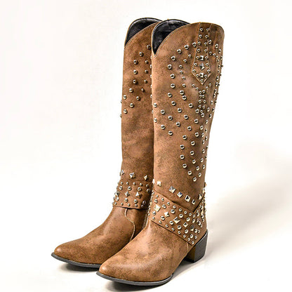 High boots with metal studs and chunky heel
